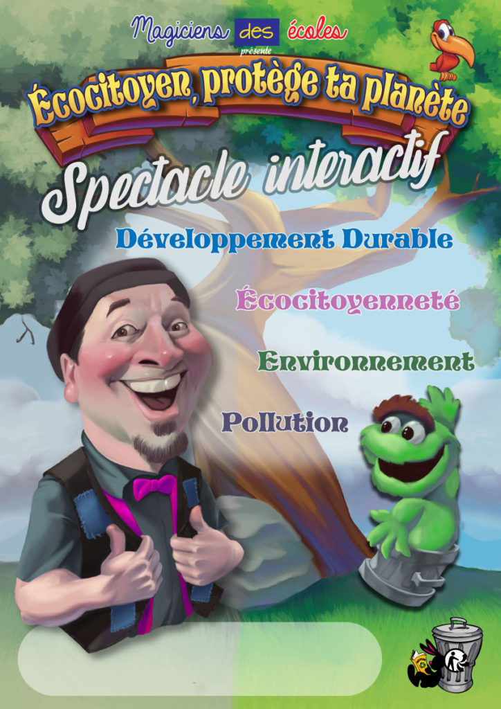 "Spectacle écocitoyen : Agissons ensemble pour sauver la planète - Affiche du spectacle Magiciens des écoles. Cette affiche colorée représente un spectacle pédagogique et ludique sur l'environnement pour les enfants. La magie, la ventriloquie, le conte, la jonglerie et le théâtre sont utilisés pour sensibiliser les jeunes spectateurs à l'importance de préserver notre planète. La nature, les animaux, l'eau, les arbres, la terre, les poissons... Tout cela est précieux et nous devons agir ensemble pour les protéger. Tags : spectacle écocitoyen, magiciens des écoles, affiche, environnement, enfant, Montpellier, Nîmes, spectacle pédagogique."